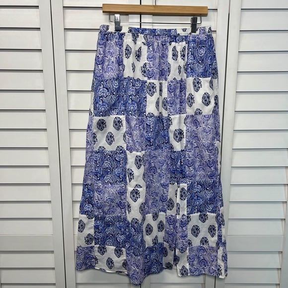 J. Crew Patchwork Side Slit Pull On Cotton Maxi Skirt Size Small Blue & White - Picture 2 of 11
